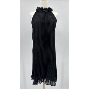 Nicole Miller Pleated Trapeze  Black Floral Tie Neck Elegant Dress Size Medium
